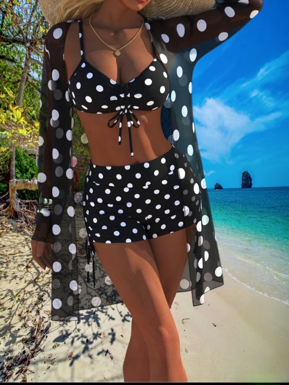 3 Piece Black/White Polka Dot Adjustable Strap Bikini Top, Boy Shorts, Kimono